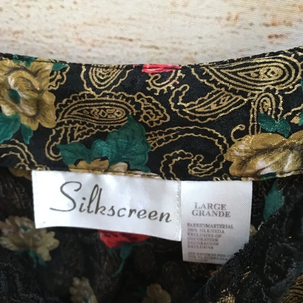 VINTAGE SILKSCREEN 100% SILK CHEMISE WITH PANTIES IN BLACK FLORAL‎ - Picture 8 of 11